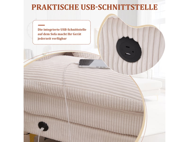  Canapé en u 4 places en velours beige avec éclairage led et port usb, cadre en bois massif  - Conforama W
