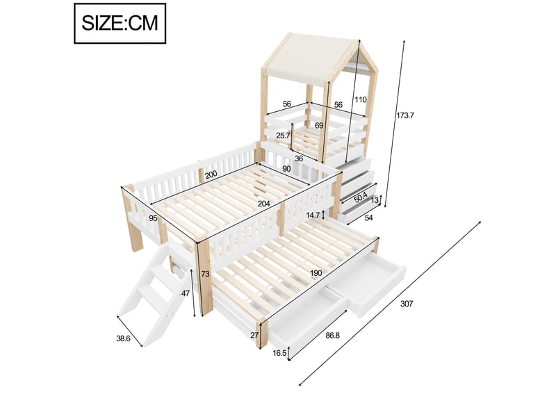 Lit superposé cabane 90x200 cm avec lit gigogne 90x190 - lit enfant en bois avec commode 4 tiroirs, escalier latéral et toit en tissu, naturel evarich - Conforama C