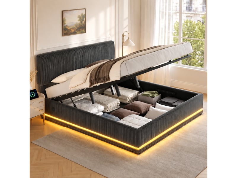  Lit rembourré 180 x 200 cm en velours côtelé gris foncé, rangement sous le sommier, led et usb-c  - Conforama B
