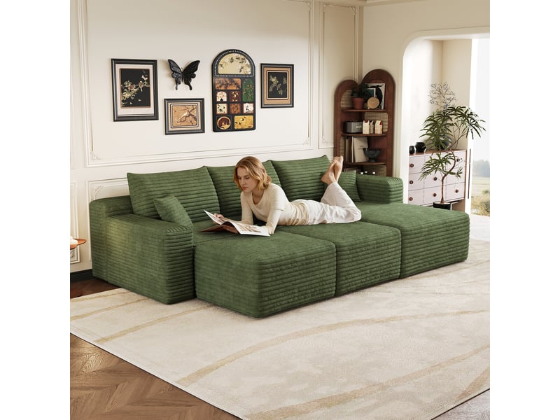 Canapé d'angle modulaire 3 places avec 2 poufs 241 x 151 x 58 cm, assise profonde, design nuage, livré monté, velours côtelé, vert Bliss Lite - Conforama B