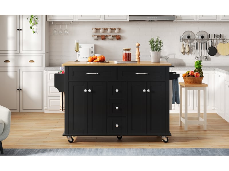  Desserte îlot cuisine 120x65 cm, plateau rabattable, placards, porte-épices, roulettes  - Conforama B