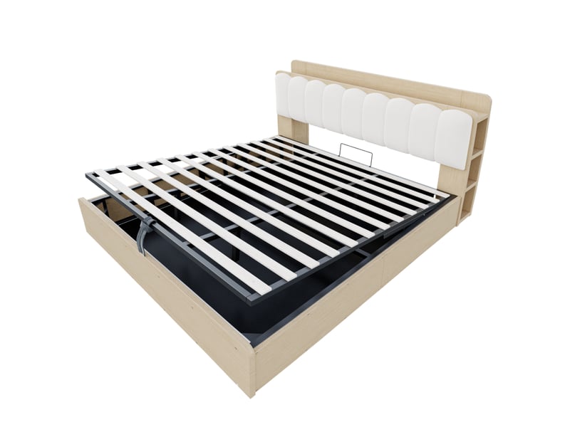  Lit coffre en bois 180x200 cm naturel, rangement hydraulique, tête de lit avec niches, usb et veilleuse Fay Lum - Conforama D