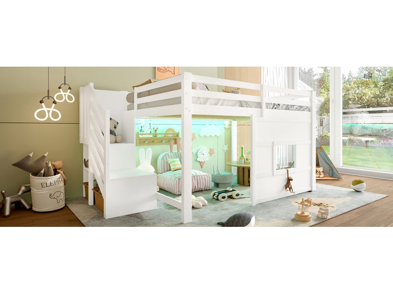  Lit superposé 140x200 avec escalier de rangement et fenêtre blanc mdf pin led sommier 15 lattes Sol Morn - Conforama D