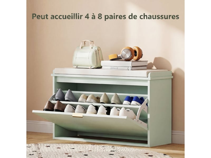  Banc à chaussures avec coussin d'assise rembourré et tiroir rabattable pour couloir, chambre, 80 x 26 x 47,5 cm, vert  - Conforama E
