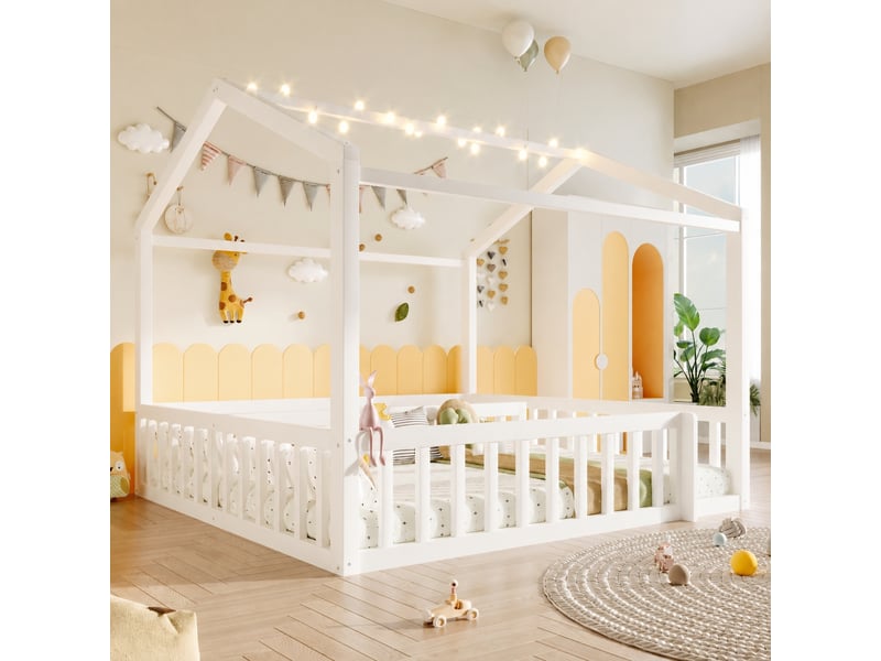  Lit cabane enfant 90x190 cm avec barrières et led, convertible en 180x190 cm, blanc et naturel  - Conforama D