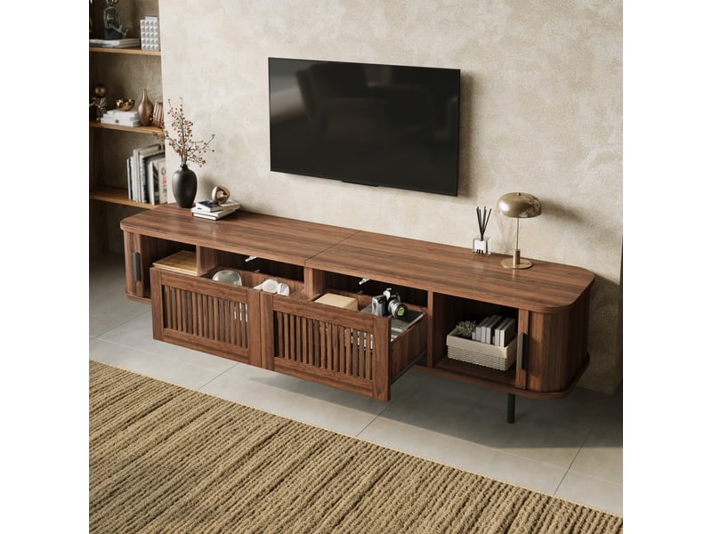  Meuble tv led 180x40x44,5 cm - meuble bas arrondi avec tiroirs effet grille, portes coulissantes, led contrôlée par application  - Conforama D