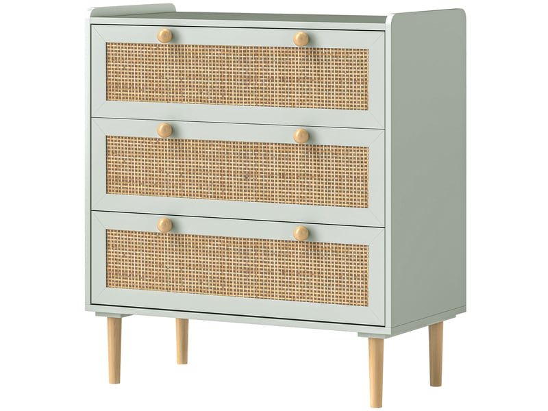  Commode bohème en rotin à 3 tiroirs, meuble de rangement pour salon, couloir ou entrée, vert olive  - Conforama B