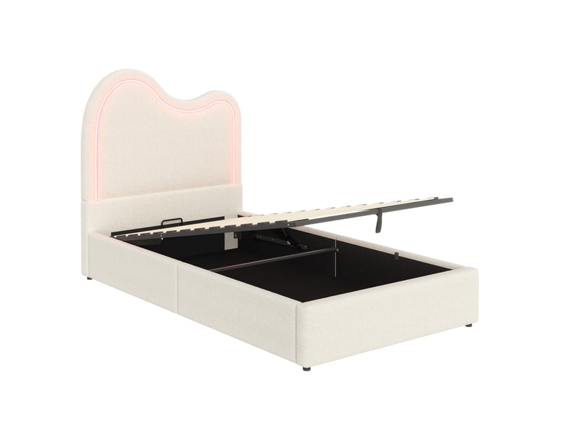  Lit coffre enfant 90x200 cm avec sommier à lattes, lit simple tissu bouclette blanc, tête de lit nuage led, charge 150kg.  - Conforama A
