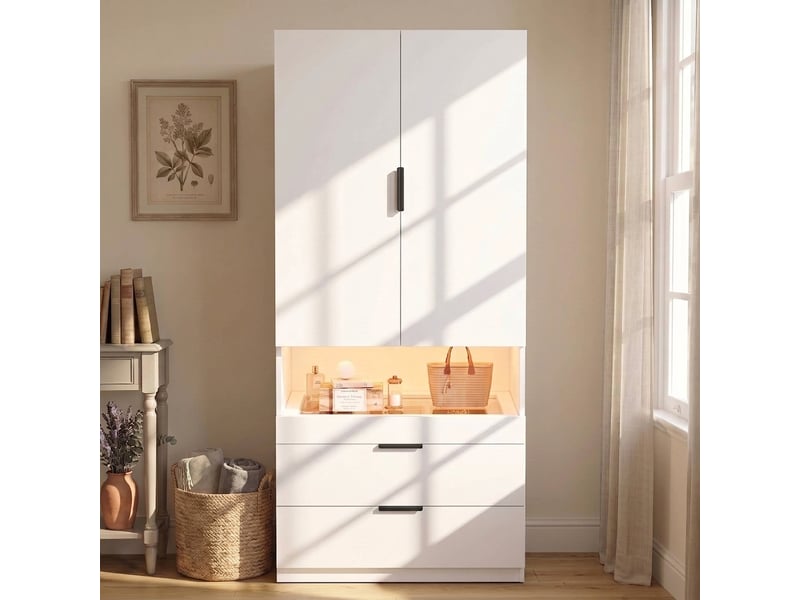  Armoire 2 portes avec miroir et éclairage led intégré, finition chêne, 90x47x200 cm  - Conforama B