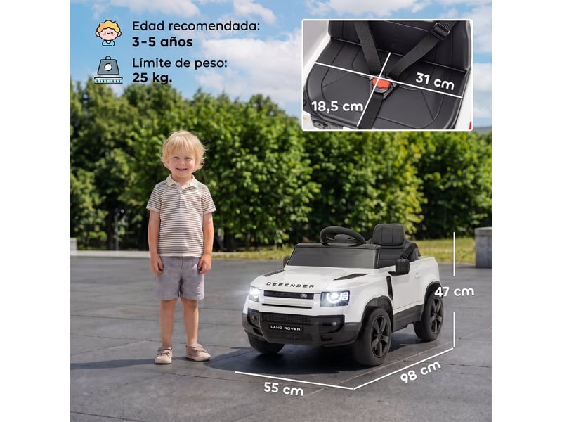 Voiture électrique suv pour enfants land rover defender 12v, télécommande, suspension, démarrage progressif, vitesse 2,7-4,5 kmh, blanche - Conforama E