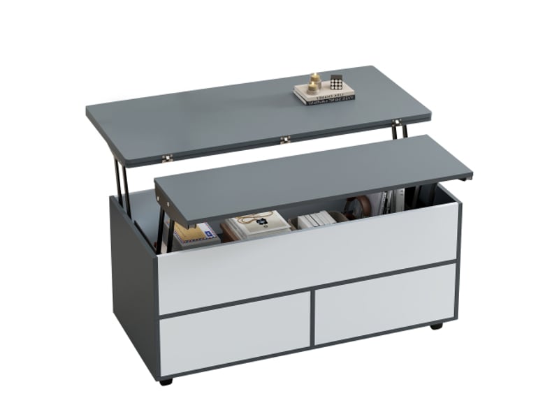 Table basse grise et blanche, table de salon à roulettes et tiroirs, hauteur réglable avec rangement et étagère dissimulés - Conforama E