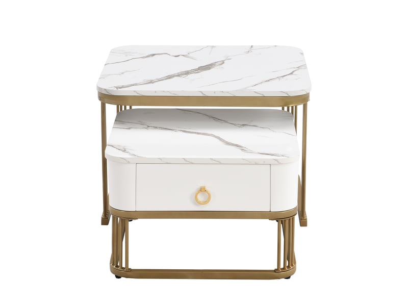  Tables basses gigognes avec tiroir, effet marbre brillant blanc et structure en métal doré, lot de 2  - Conforama E