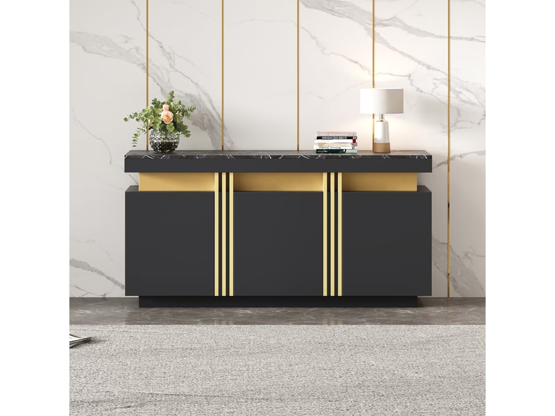  Buffet bas 3 portes sans poignées 140x38x70 cm noir et doré  - Conforama C