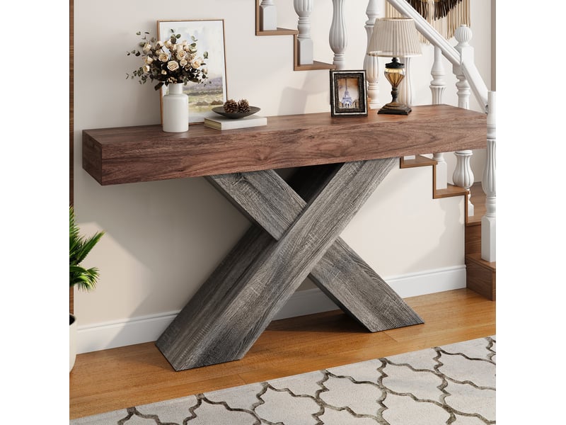  Console étroite avec plateau épais et piètement croisé, style industriel, pour entrée et salon, noyer, 140 × 30 × 80 cm  - Conforama B