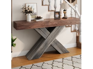 Console étroite avec plateau épais et piètement croisé, style industriel, pour entrée et salon, noyer, 140 × 30 × 80 cm