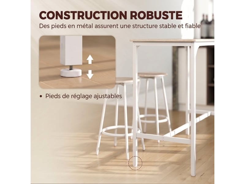  Ensemble table de bar 110x50x89,5 cm et 4 tabourets, style industriel chêne et blanc  - Conforama D