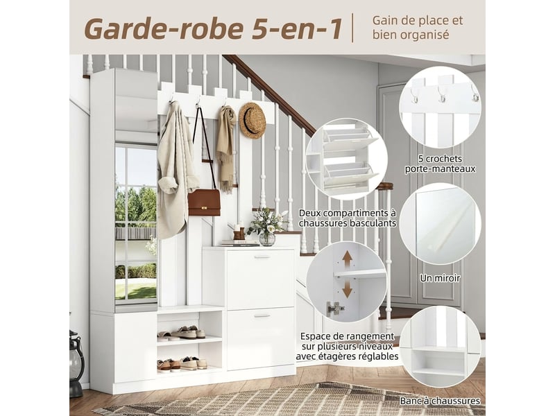  Vestiaire d’entrée avec miroir, 5 patères, 2 portes abattantes, 135 x 25 x 180 cm, blanc  - Conforama D