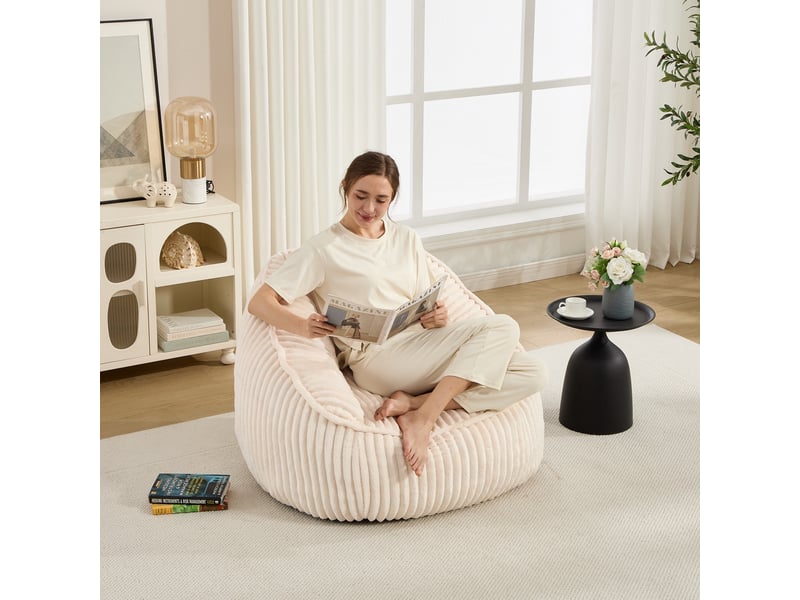  Fauteuil 1 place - 98x92x73cm - fauteuil pouf en mousse à mémoire de forme et peluche rayée - beige  - Conforama D