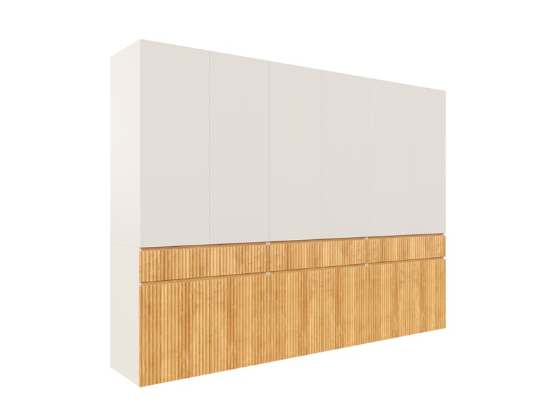  Armoire,270x50x200 cm,12 portes avec 3 tiroirs,mdf,coloris chêne clair et gris  - Conforama D