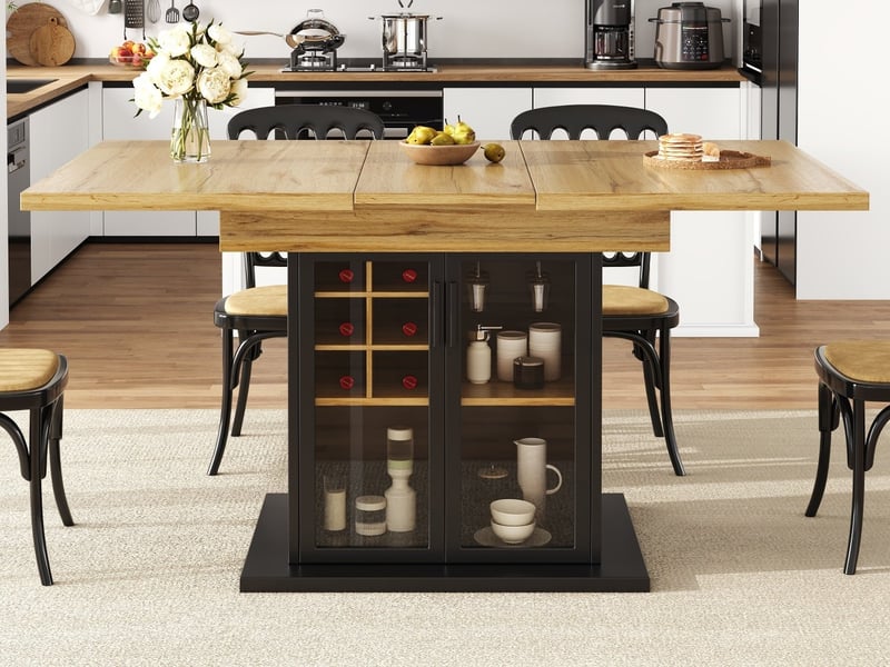  Table à manger extensible, 110-140 x 80 cm,  pour 4 à 6 personnes, table avec casier à bouteilles, noir  - Conforama B