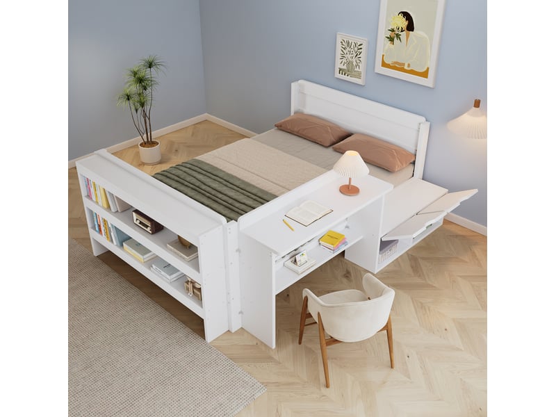  Lit combiné tcqpz 120 x 200 cm avec bureau rangement et étagère de pied blanc  - Conforama E