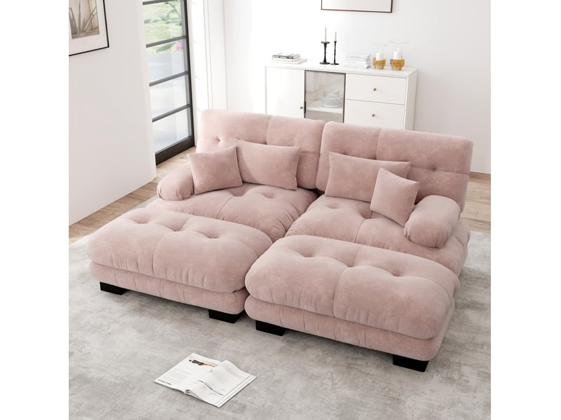 Canapé d'angle modenvie modulable 2 places en chenille rose 220 x 145 cm avec 2 ottomans - Conforama E