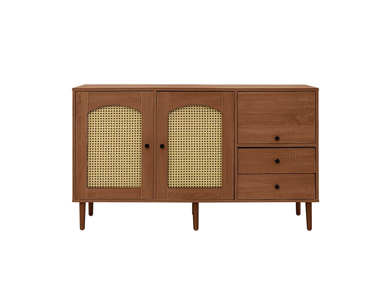  Buffet style campagne 130x40x75,5 cm, portes en rotin, étagères réglables, structure robuste  - Conforama A