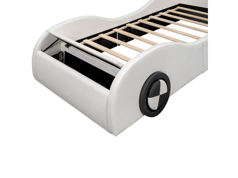  Lit enfant voiture 90x200 cm blanc en cuir régénéré, roues lumineuses réglables et rangement, sans matelas  - Conforama D