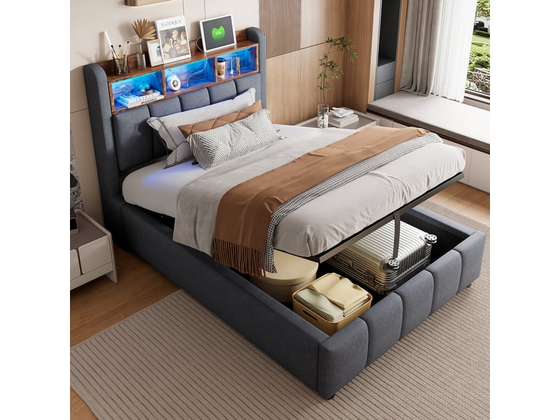  Lit coffre simple 90×200 cm avec led réglable, usb et port type-c - okmyhome- gris, matelas inclus  - Conforama C