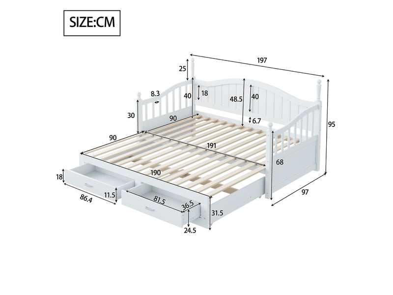  Lit gigogne enfant 90x190 cm (ouvert 180x190 cm), tiroirs, accoudoirs design colonnes et dossier courbé, bois, en mdf, coloris blanc  - Conforama C