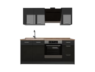 Vicco cuisine, noir haute brillanceanthracite, 180cm plan de travail chêne doré