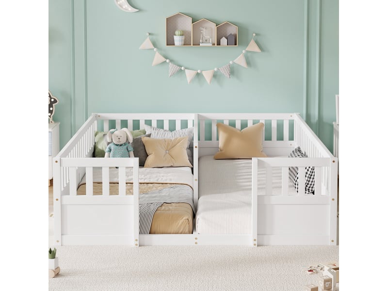  Lit au sol double pour enfant 2x90x200 cm blanc avec barrières de protection  - Conforama D