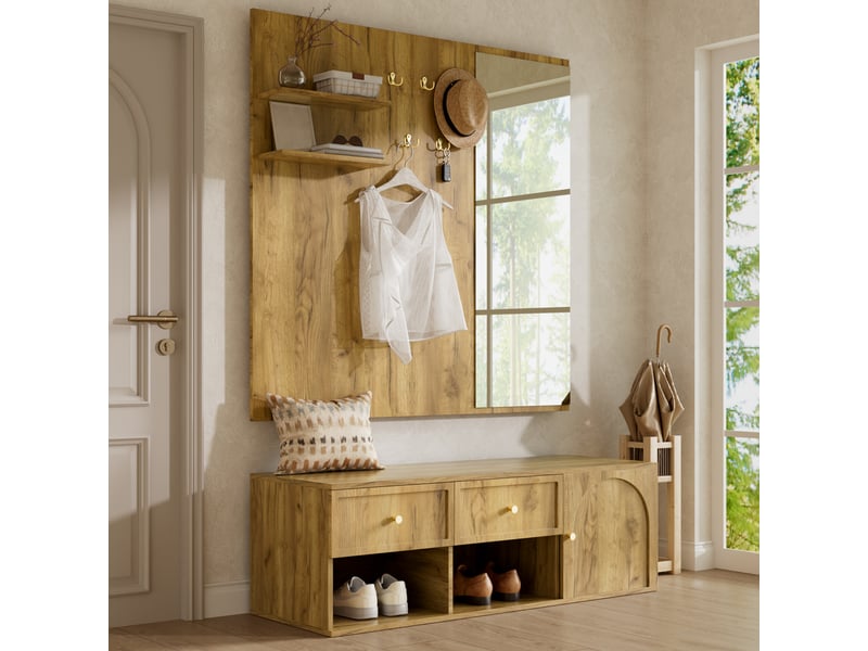  Meubles d'entrée avec miroir, 5 crochets, 2 tiroirs et banc à chaussures en panneaux de particules 120×35×159 cm  - Conforama B