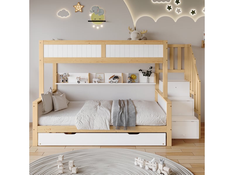  Lit superposé enfant avec lit gigogne, trois positions, placard et escalier, 90x200&amp;90x190&amp;120*200cm, blanc et naturel  - Conforama E