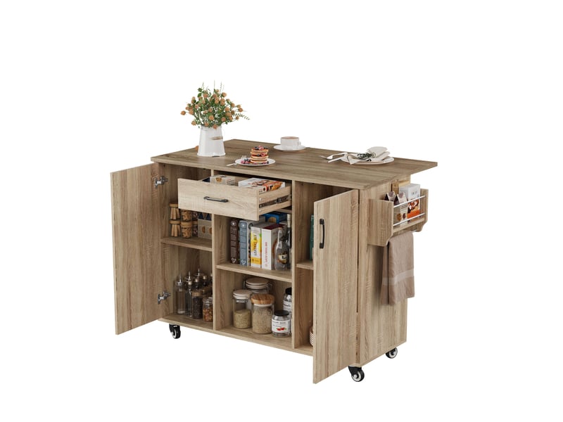  Îlot de cuisine sur roulettes 120cm avec plan de travail pliable, desserte avec tiroir et placard, finition chêne sonoma, 120x43,5x92,9cm  - Conforama A