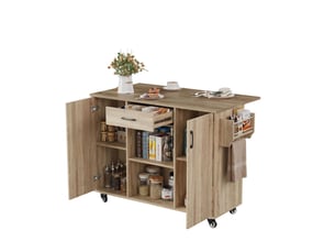 Îlot de cuisine sur roulettes 120cm avec plan de travail pliable, desserte avec tiroir et placard, finition chêne sonoma, 120x43,5x92,9cm