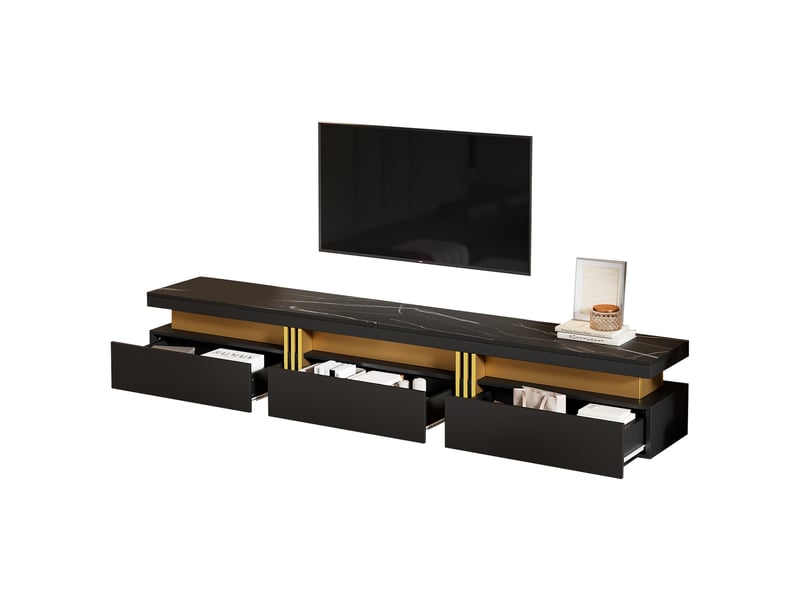  Meuble tv effet marbre noir 200 cm avec trois tiroirs, pour téléviseur jusqu'à 90 pouces, rangement et passe-câbles  - Conforama E