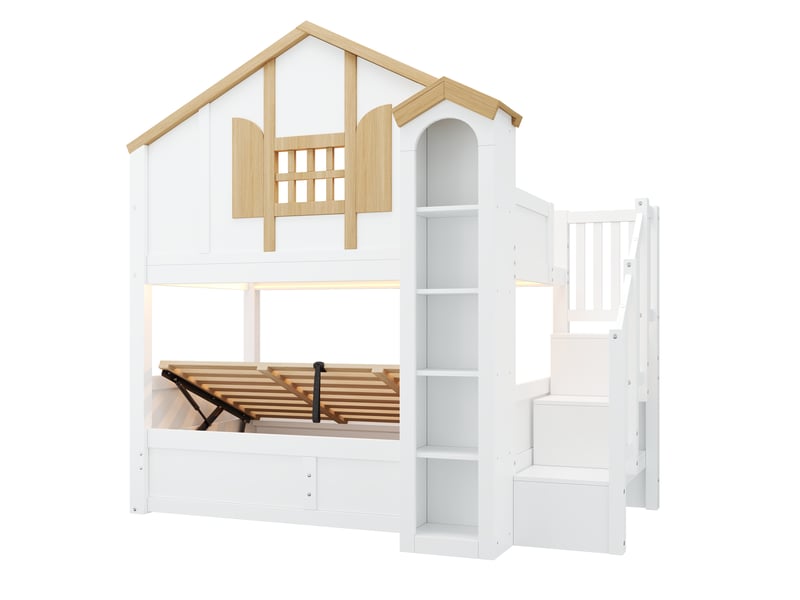 Lit superposé 90x200 cm, lit enfant, rangement hydraulique, escalier avec rangement, led, bois de pin blanc, style cabane - Conforama B