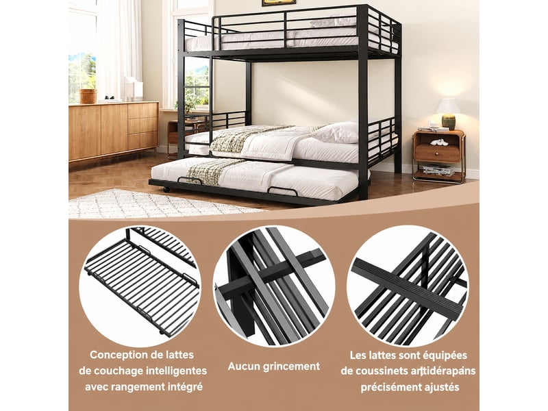 Lit superposé métal noir 140 x 200 cm avec lit gigogne, échelle et barrière haute - Conforama E