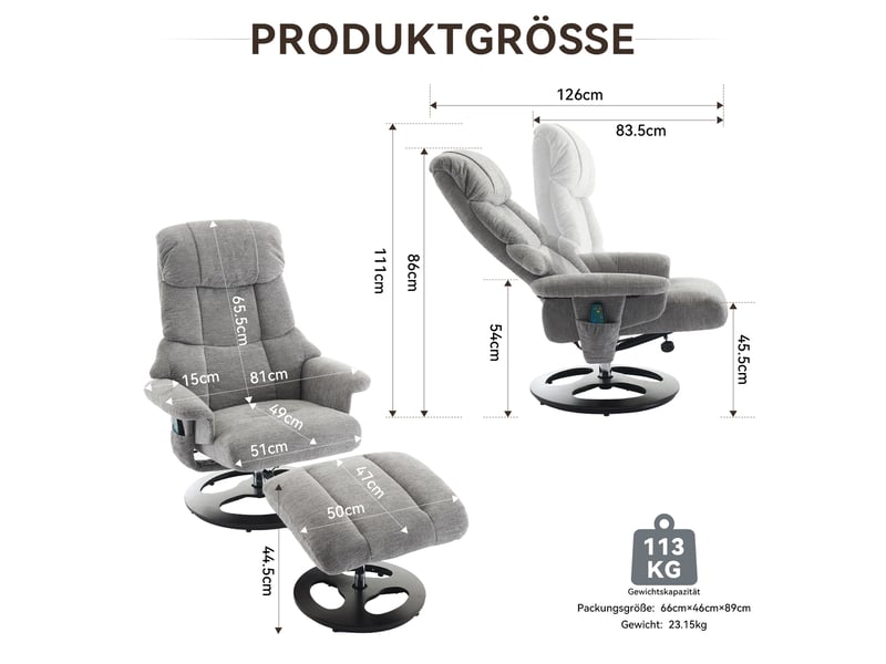  Fauteuil relax massage,83,5x81x111 cm,chauffant avec repose-pieds,chenille,gris  - Conforama C