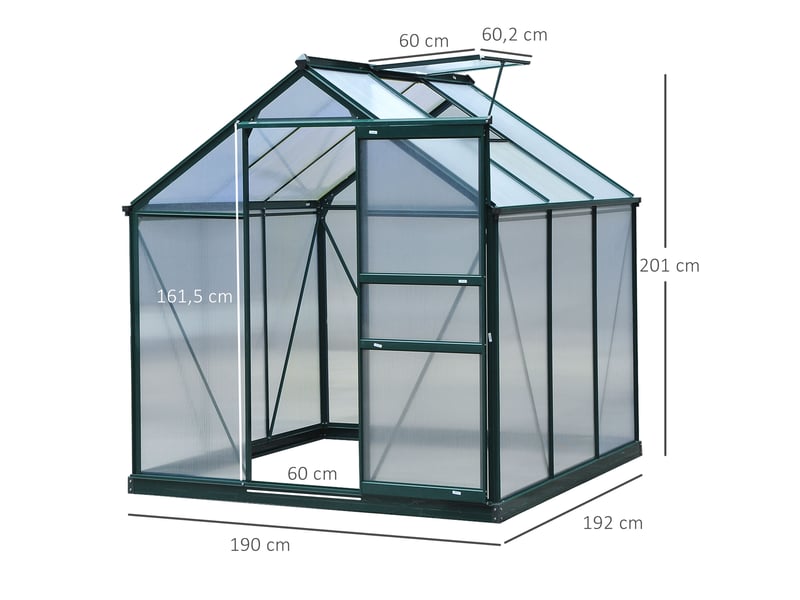  Serre de jardin polycarbonate 190 x 192 x 201 cm résistant aux uv 30+ fondation renforcé gouttière vert foncé  - Conforama E