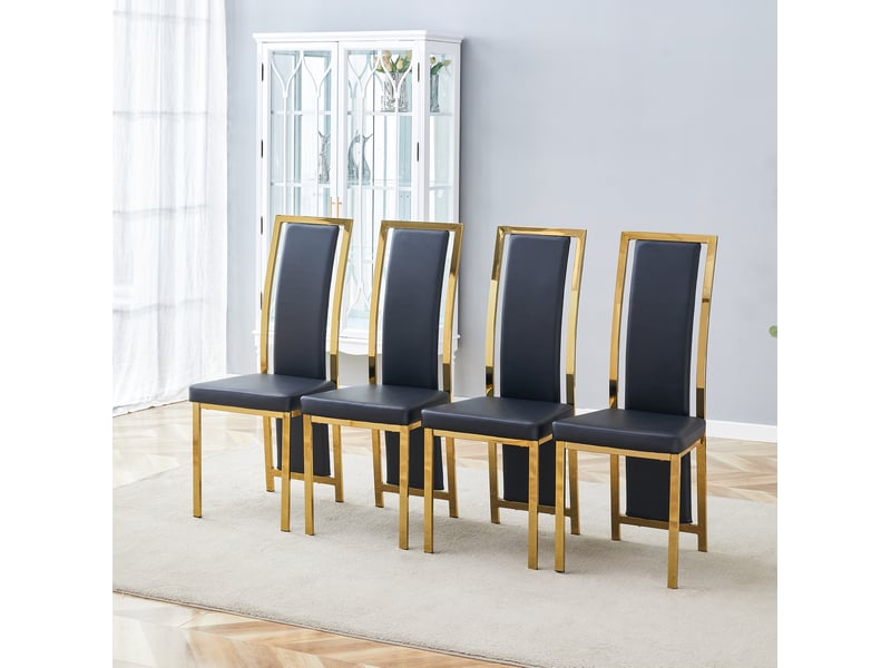  Lot de 4 chaises de salle à manger 109 cm, métal doré, chaise cuisine, dossier courbé, assise confort, moderne, pu noir  - Conforama D