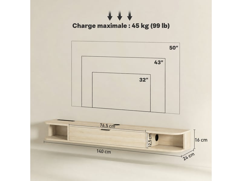  Meuble tv suspendu jusqu'à 60 pouces, abattant, 2 niches, passe-câbles, effet bois naturel, 140 x 24 x 16 cm  - Conforama C