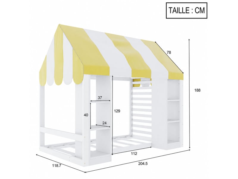  Lit enfant 1 place avec baldaquin, 2 niches et cadre en bois, lit 200x90 cm, blanc, matelas non précisé  - Conforama D