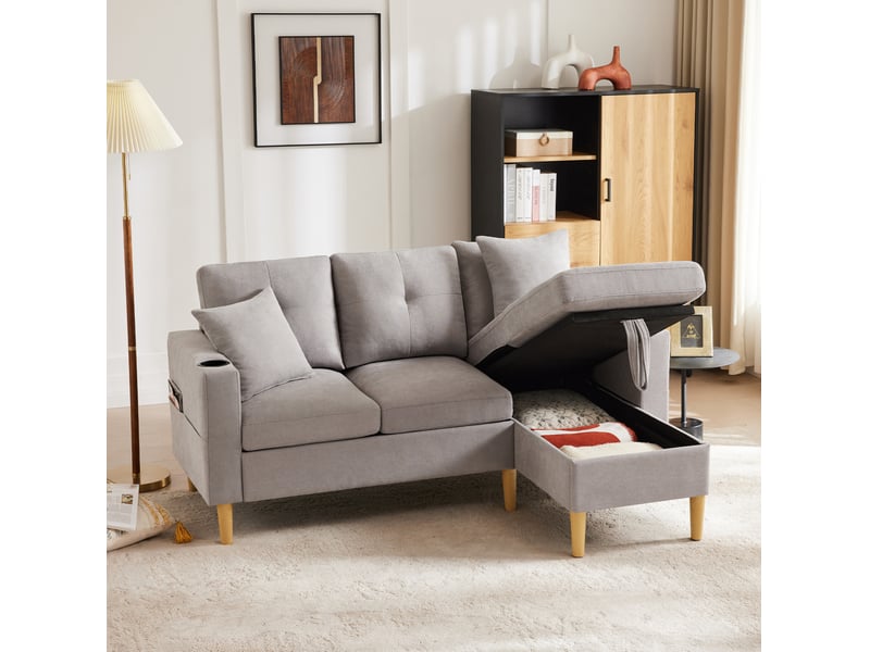 Canapé d'angle modenvie 3 places avec méridienne réversible rangement et porte-gobelets gris clair 175 x 129 x 90 cm - Conforama D