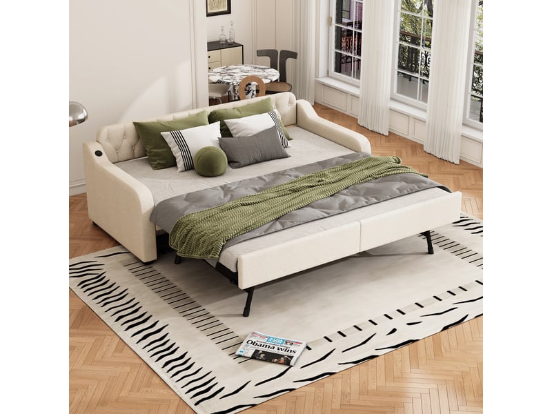  Lit banquette gigogne 90x200cm avec ports usb, revêtement en lin beige  - Conforama B
