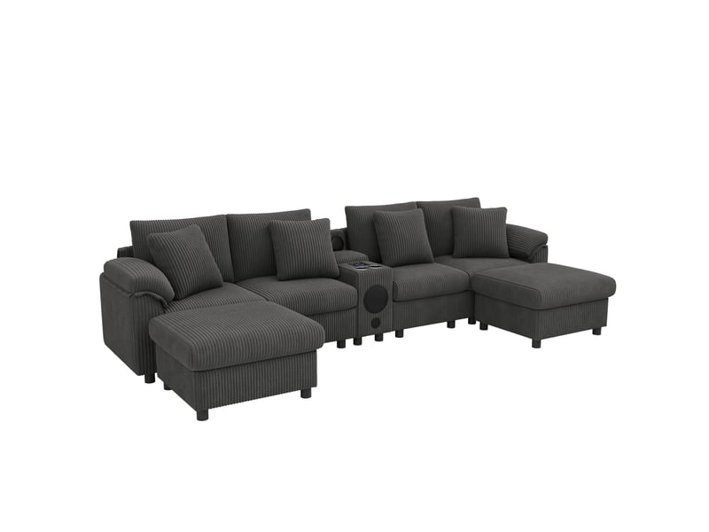  Canapé modulaire 6 places 315,5 x 144 cm – gris – console bluetooth, recharge sans fil et rangement  - Conforama D