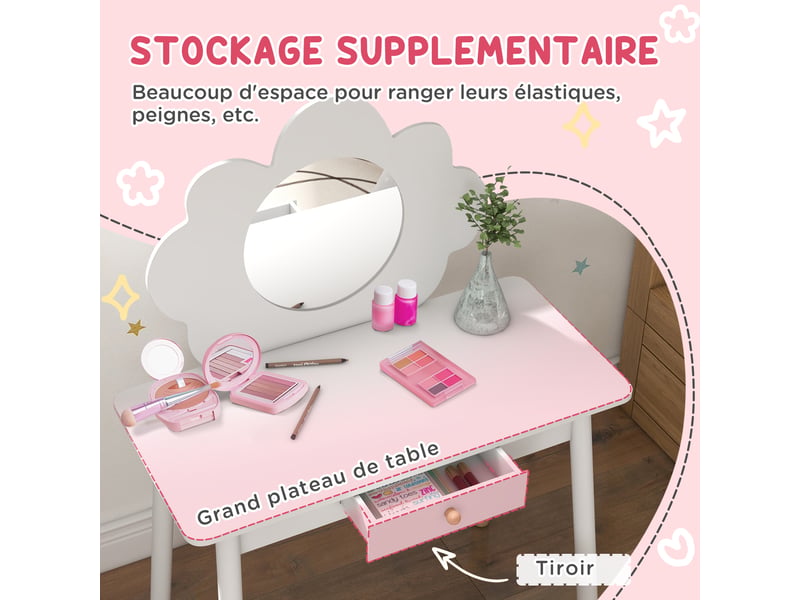 Ensemble coiffeuse pour enfant avec tabouret, miroir forme de nuage, coiffeuse 2 pièces pour enfants de 3 à 6 ans, blanc  - Conforama E