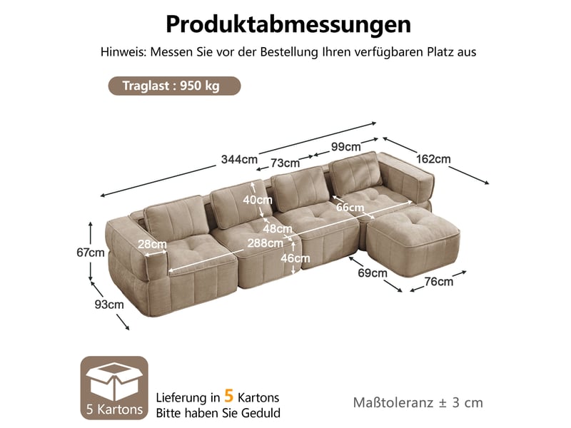 Canapé d’angle modulable 4 places avec pouf et assise profonde - lpospi - sans cadre polyester sable 344 × 162 × 67 cm  - Conforama D
