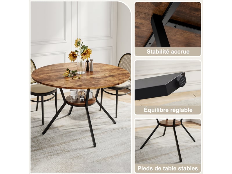  Table à manger ronde pour 6 personnes, table de cuisine style industriel avec plateau aspect bois et pied en métal 120 cm  - Conforama R